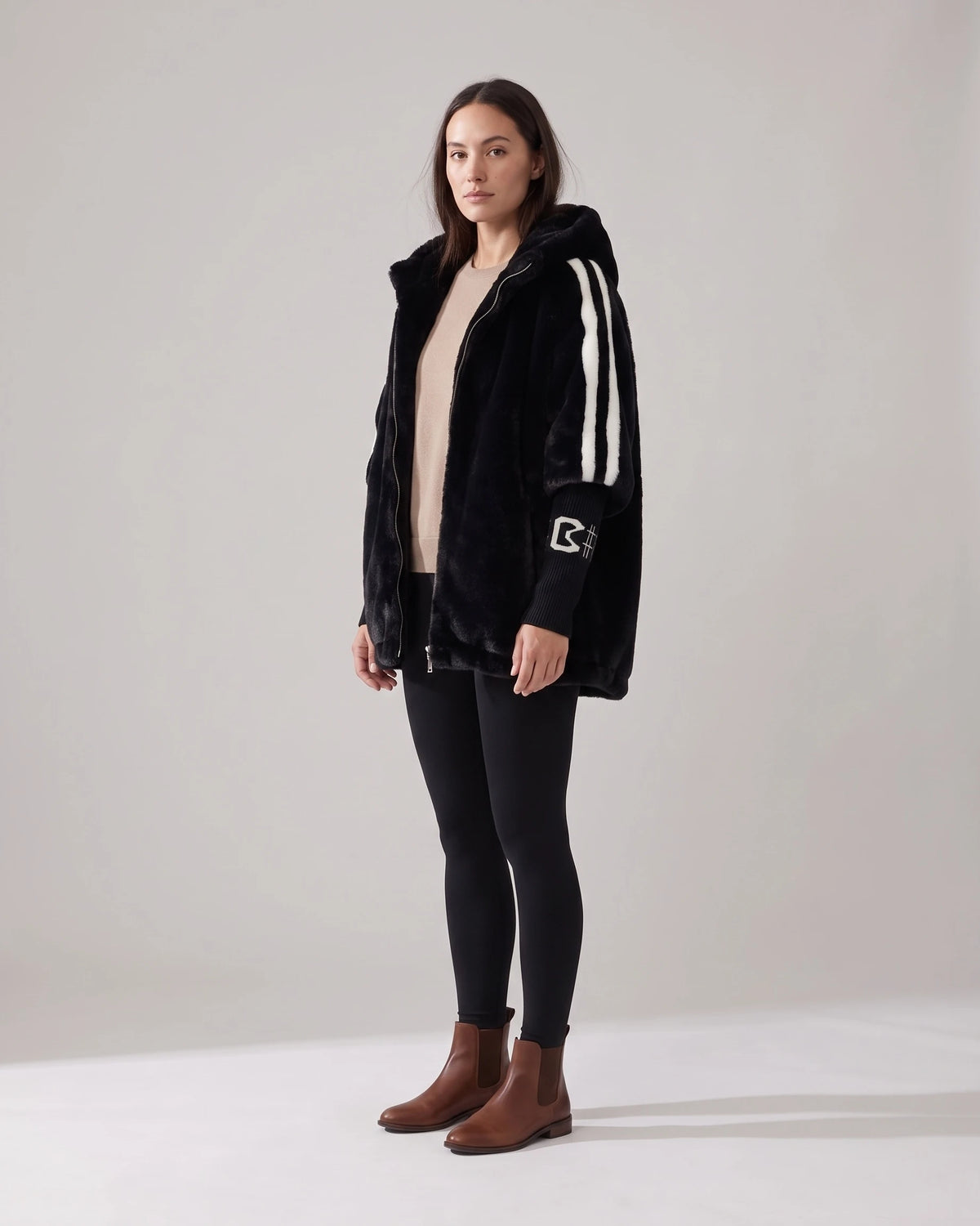 Women's Hooded Fur Coat, Oversized Faux Fur Jacket with Striped Ribbed Knit Sleeves