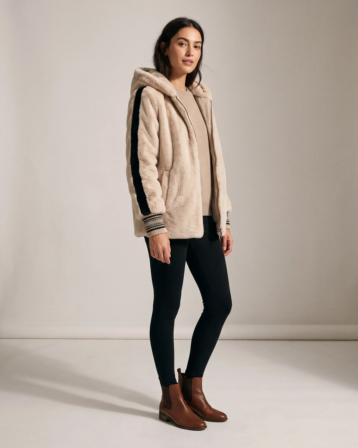 Women's Hooded Fur Coat, Oversized Faux Fur Jacket with Striped Ribbed Knit Sleeves