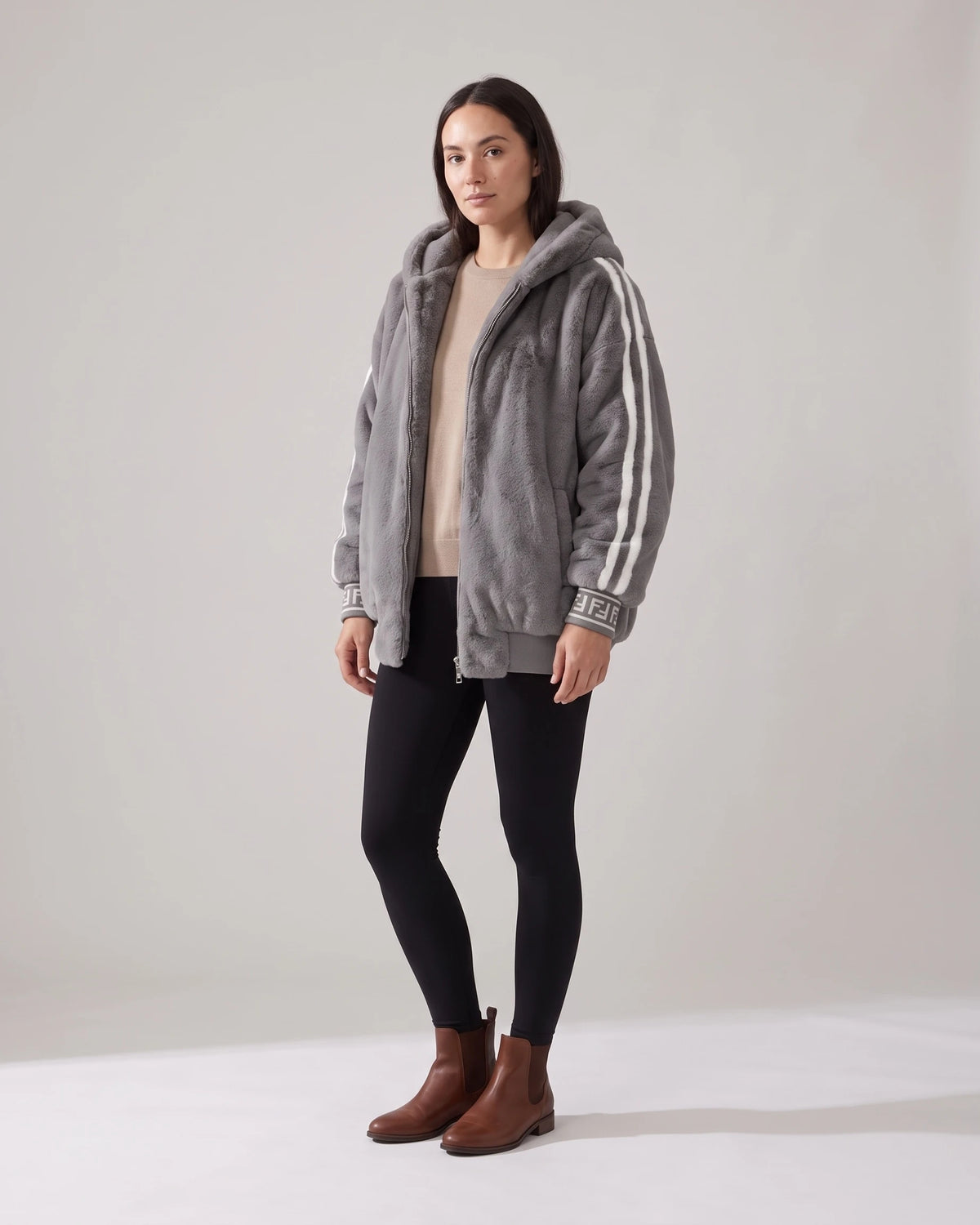 Women's Hooded Fur Coat, Oversized Faux Fur Jacket with Striped Ribbed Knit Sleeves
