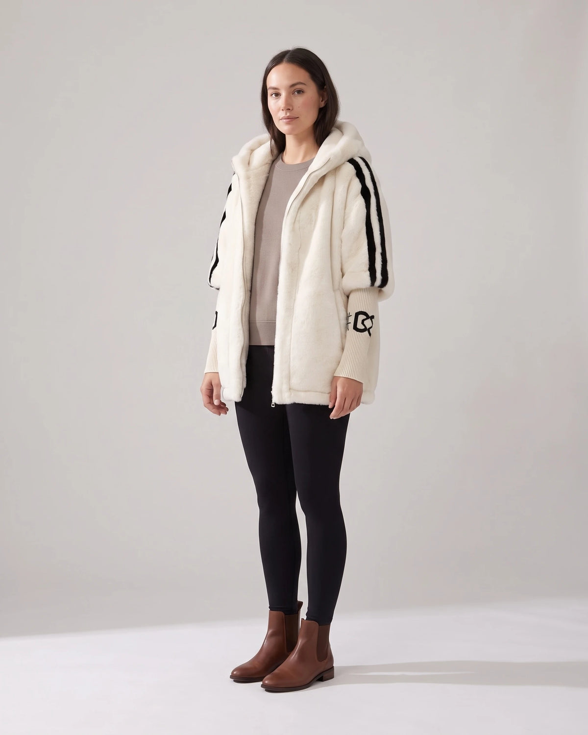 Women's Hooded Fur Coat, Oversized Faux Fur Jacket with Striped Ribbed Knit Sleeves