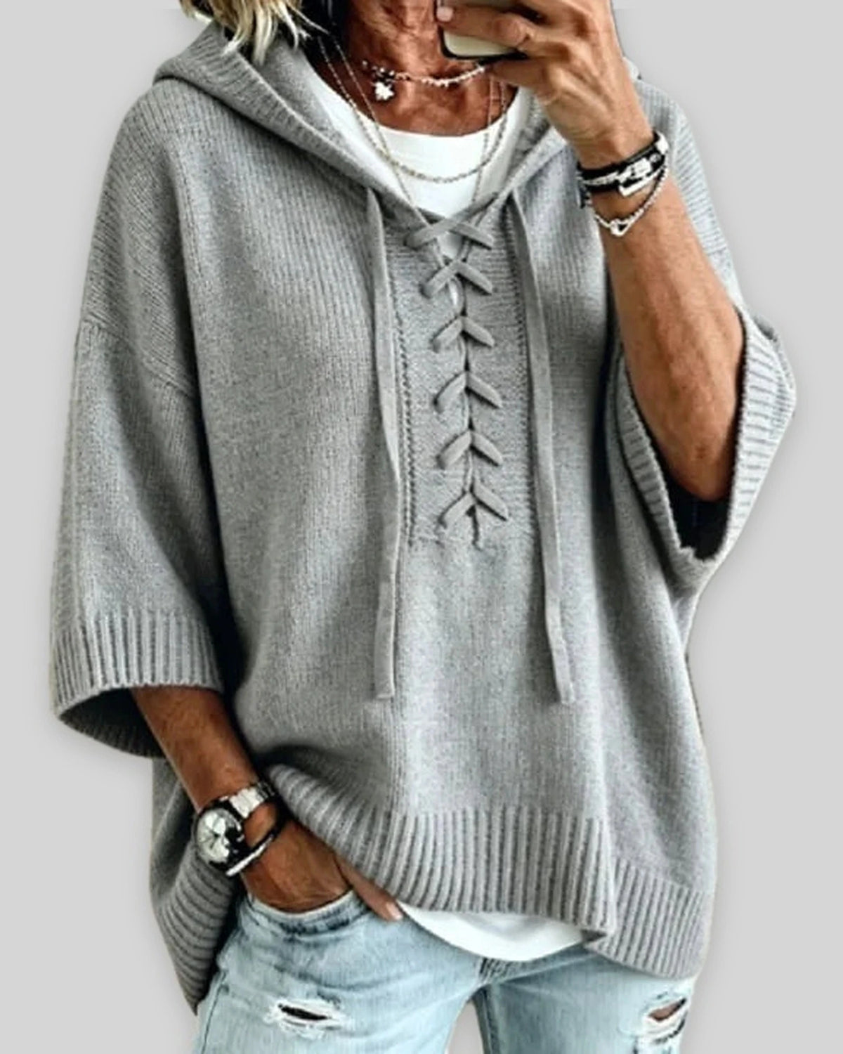Women's Oversized Hooded Knit Jumper with Lace-Up Front, Wide Sleeves – Pippa Rose