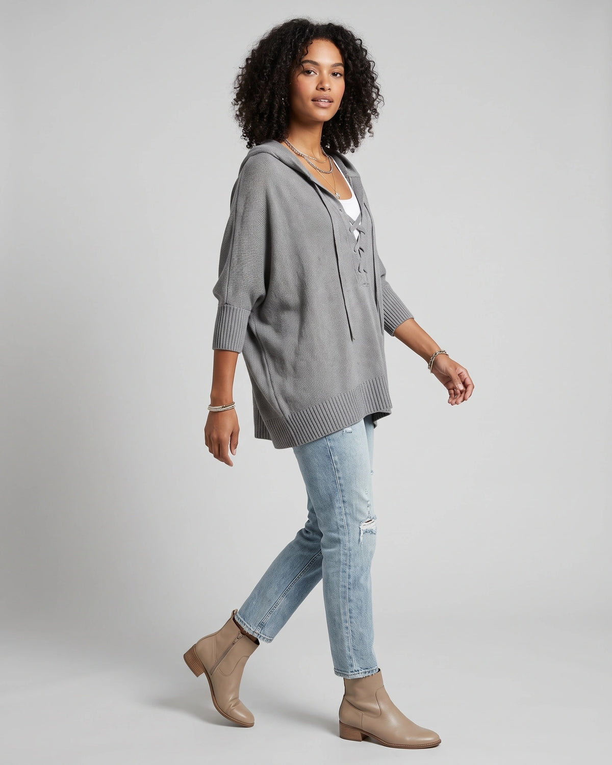 Women's Oversized Hooded Knit Jumper with Lace-Up Front, Wide Sleeves – Pippa Rose
