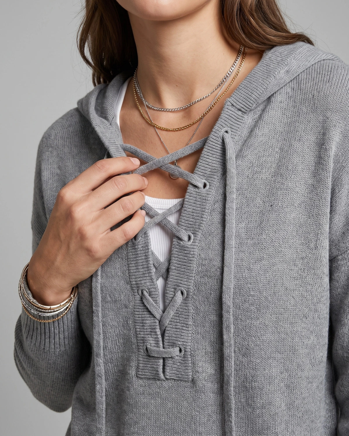 Women's Oversized Hooded Knit Jumper with Lace-Up Front, Wide Sleeves – Pippa Rose