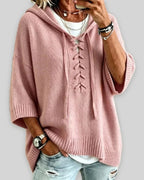 Women's Oversized Hooded Knit Jumper with Lace-Up Front, Wide Sleeves – Pippa Rose
