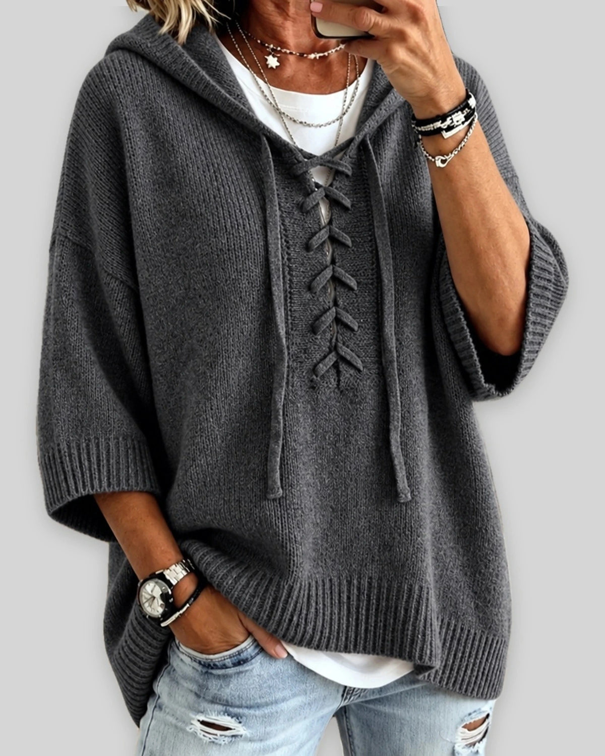 Women's Oversized Hooded Knit Jumper with Lace-Up Front, Wide Sleeves – Pippa Rose