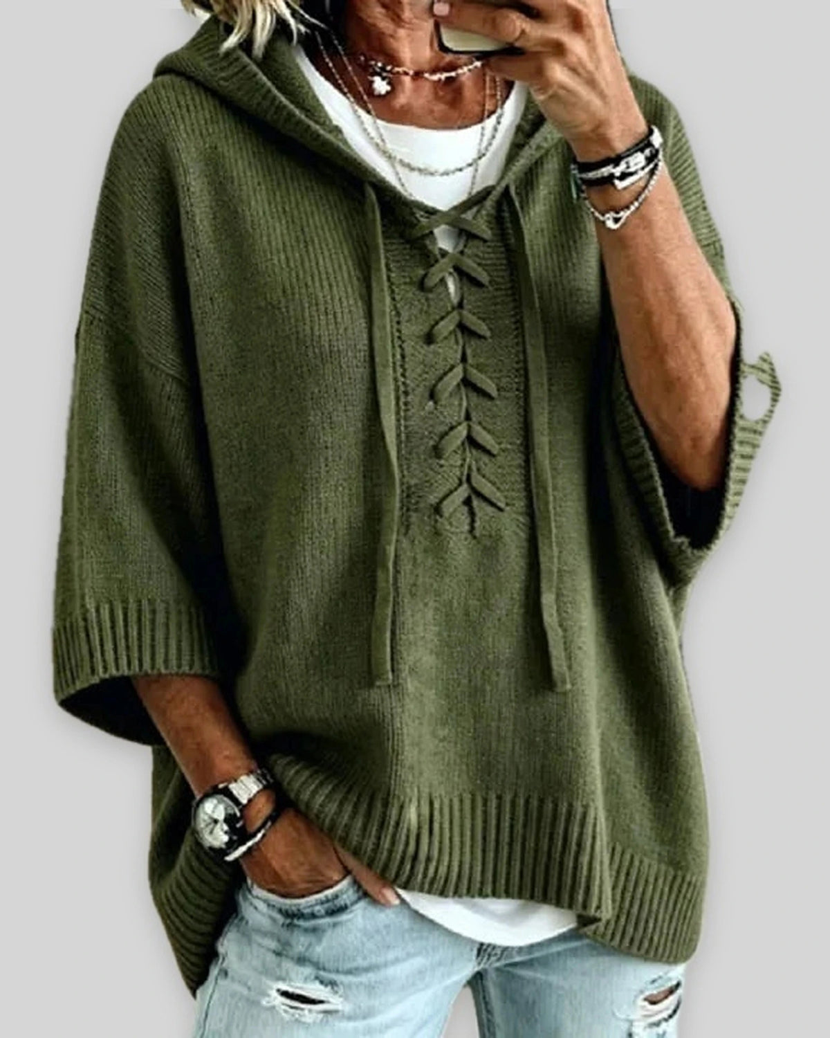 Women's Oversized Hooded Knit Jumper with Lace-Up Front, Wide Sleeves – Pippa Rose