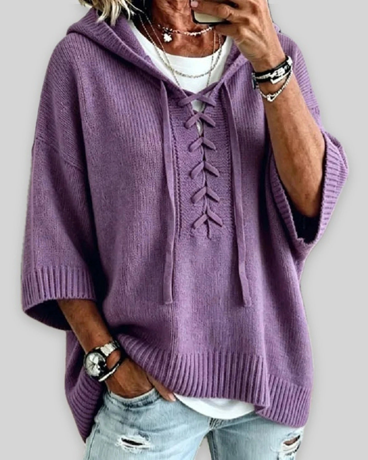 Women's Oversized Hooded Knit Jumper with Lace-Up Front, Wide Sleeves – Pippa Rose