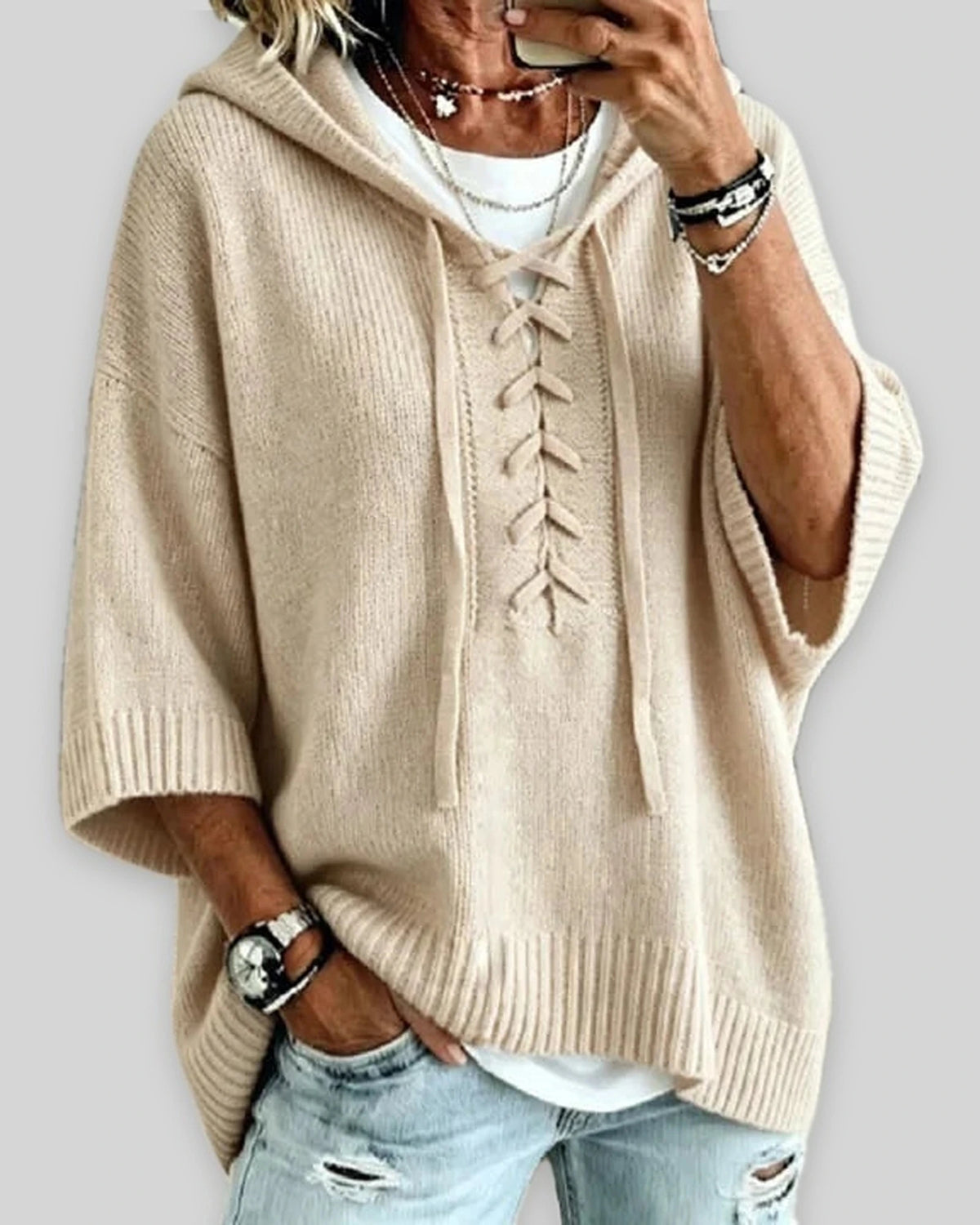 Women's Oversized Hooded Knit Jumper with Lace-Up Front, Wide Sleeves – Pippa Rose