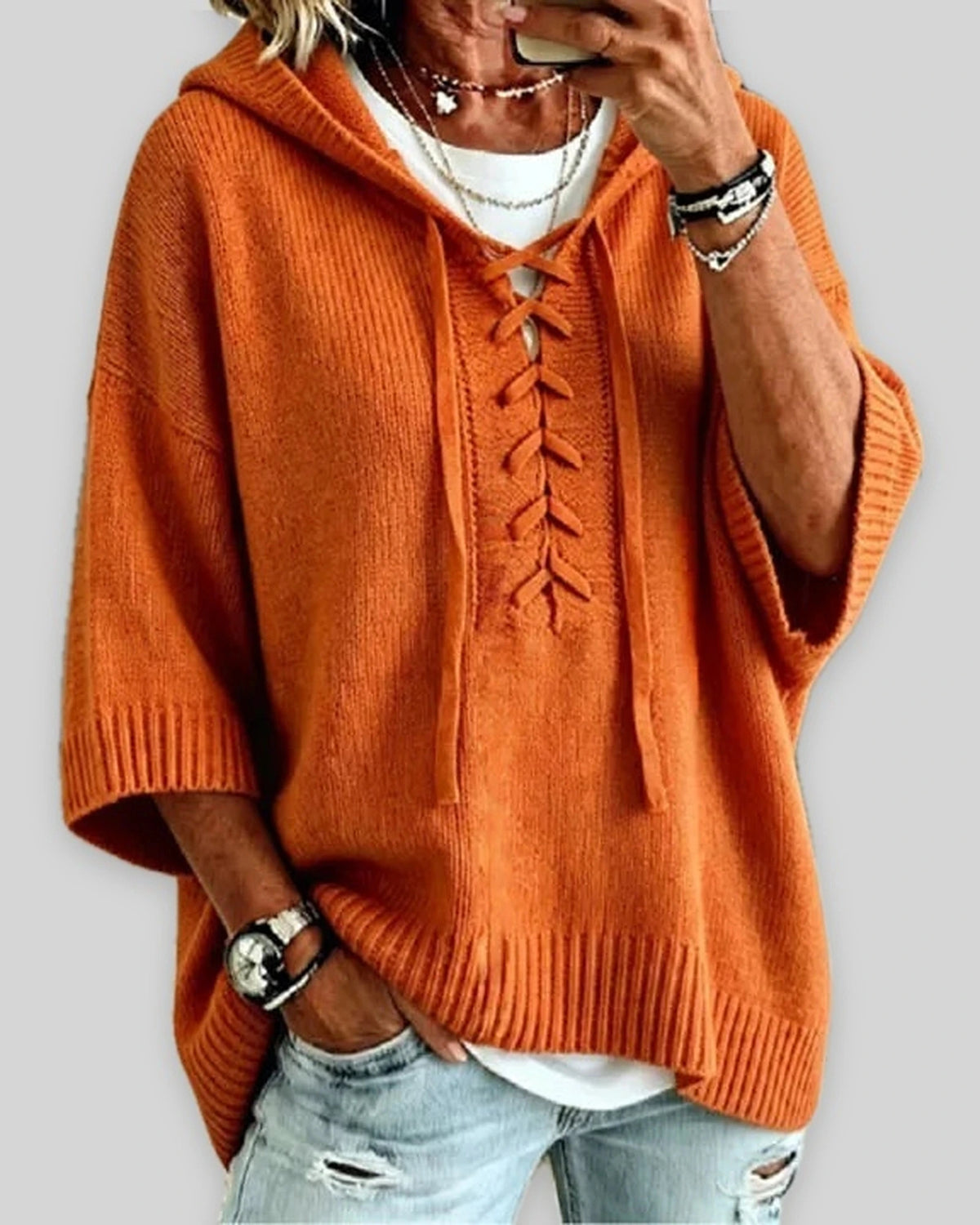 Women's Oversized Hooded Knit Jumper with Lace-Up Front, Wide Sleeves – Pippa Rose