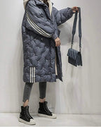Women's Oversized Long Puffer Coat with Hood and Contrast Stripe Sleeves – Ottilie