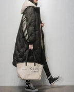 Women's Oversized Long Puffer Coat with Hood and Contrast Stripe Sleeves – Ottilie
