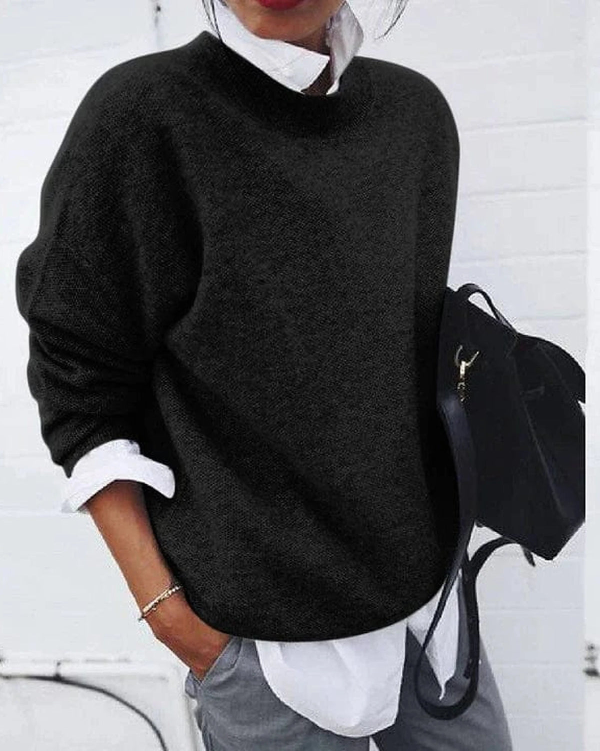 Women's Oversized Knit Jumper with Mock Neck and Ribbed Cuffs – Noelle