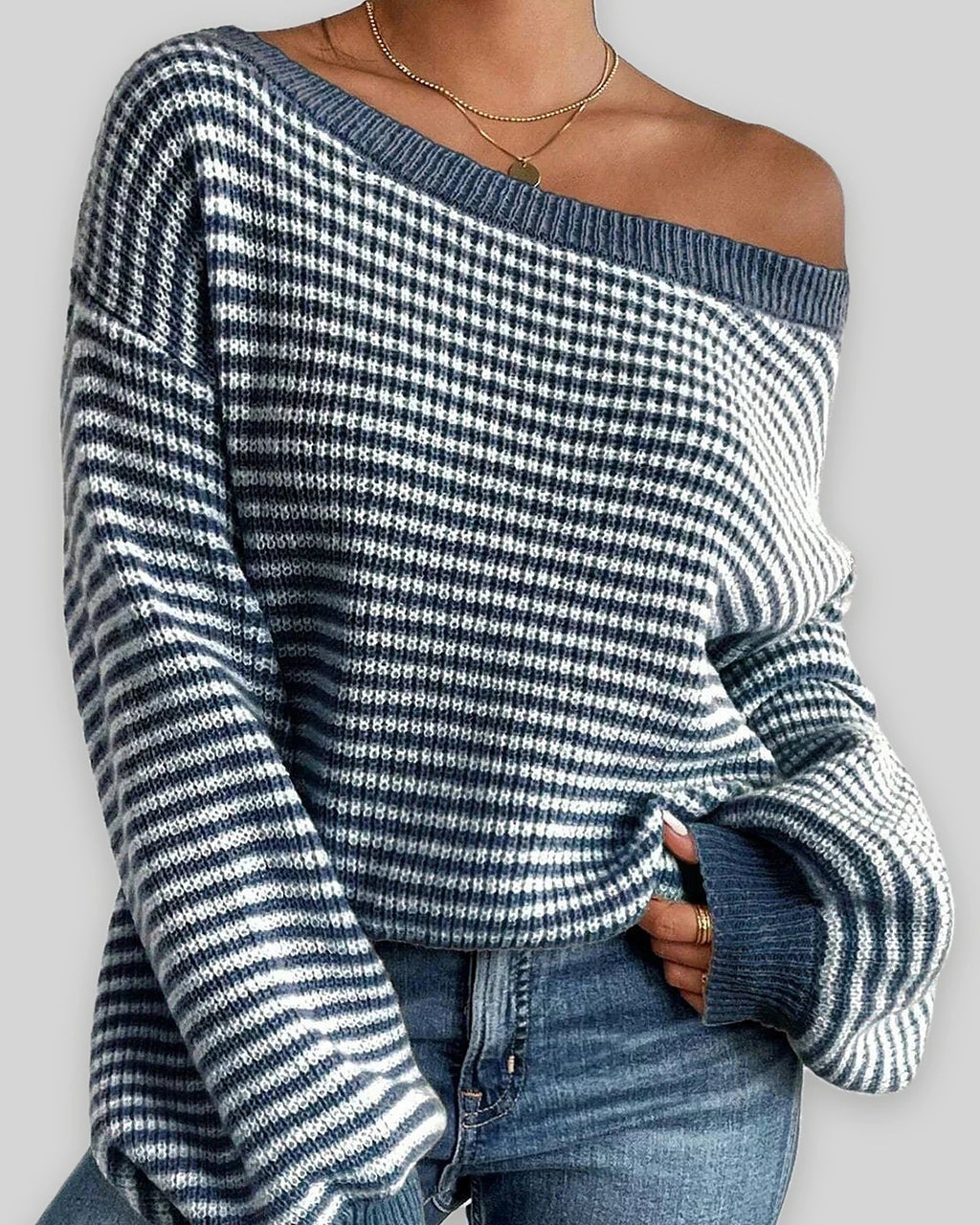 Women's Off Shoulder Jumper, Oversized Striped Waffle Knit Sweater with Voluminous Sleeves – Pippa Belle