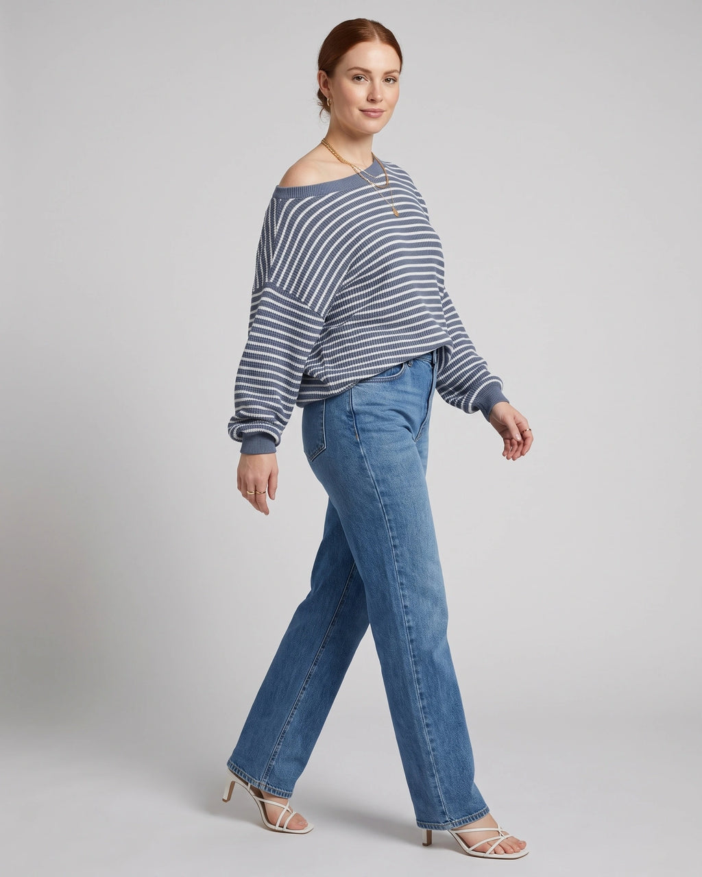 Women's Off Shoulder Jumper, Oversized Striped Waffle Knit Sweater with Voluminous Sleeves – Pippa Belle