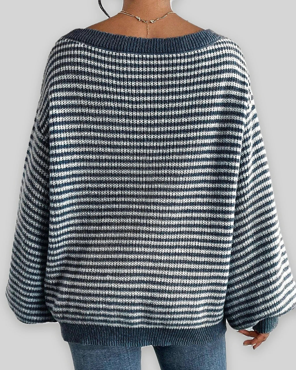 Women's Off Shoulder Jumper, Oversized Striped Waffle Knit Sweater with Voluminous Sleeves – Pippa Belle
