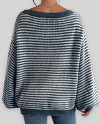 Women's Off Shoulder Jumper, Oversized Striped Waffle Knit Sweater with Voluminous Sleeves – Pippa Belle