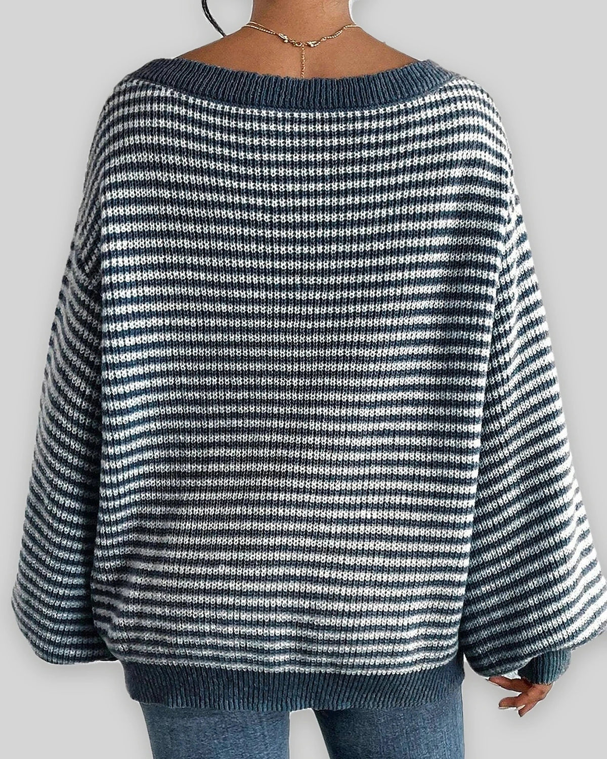 Women's Off Shoulder Jumper, Oversized Striped Waffle Knit Sweater with Voluminous Sleeves – Pippa Belle