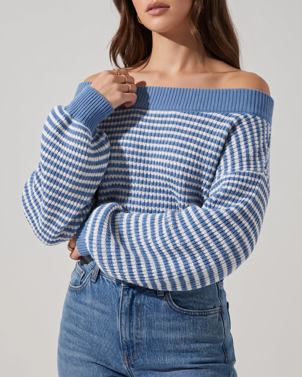 Women's Off Shoulder Jumper, Oversized Striped Waffle Knit Sweater with Voluminous Sleeves – Pippa Belle