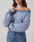 Women's Off Shoulder Jumper, Oversized Striped Waffle Knit Sweater with Voluminous Sleeves – Pippa Belle