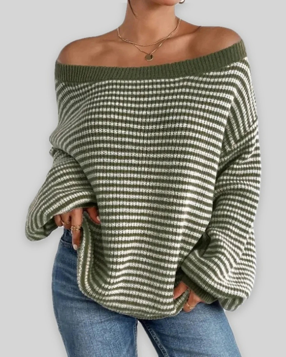 Women's Off Shoulder Jumper, Oversized Striped Waffle Knit Sweater with Voluminous Sleeves – Pippa Belle