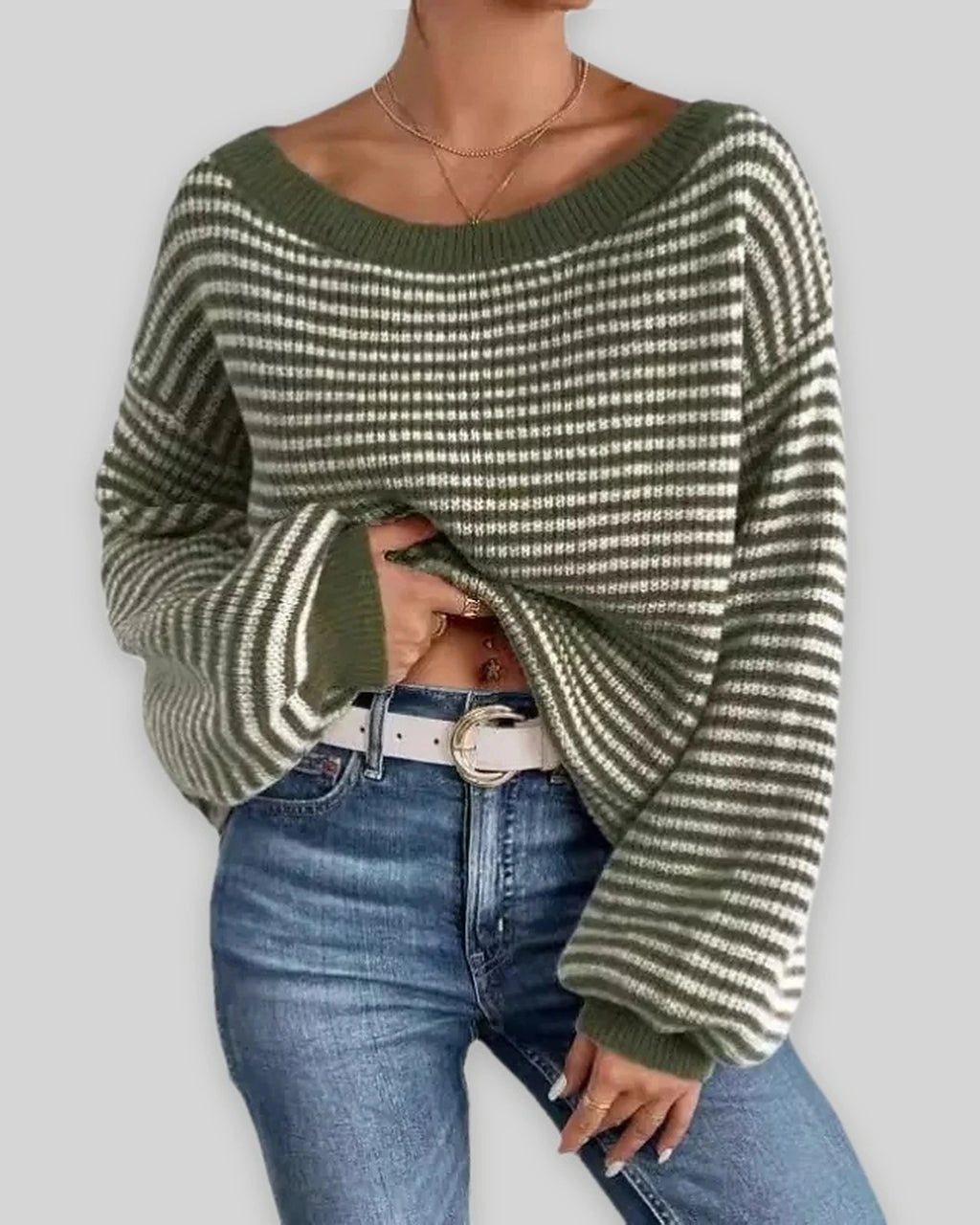 Women's Off Shoulder Jumper, Oversized Striped Waffle Knit Sweater with Voluminous Sleeves – Pippa Belle