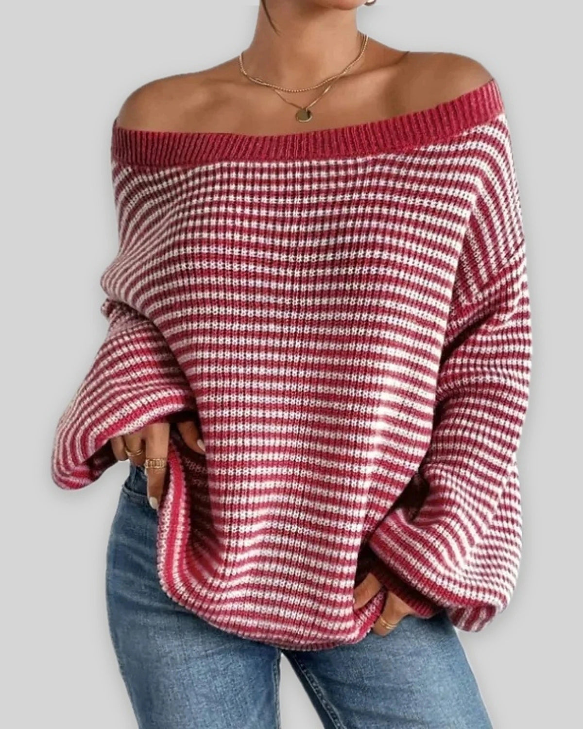 Women's Off Shoulder Jumper, Oversized Striped Waffle Knit Sweater with Voluminous Sleeves – Pippa Belle