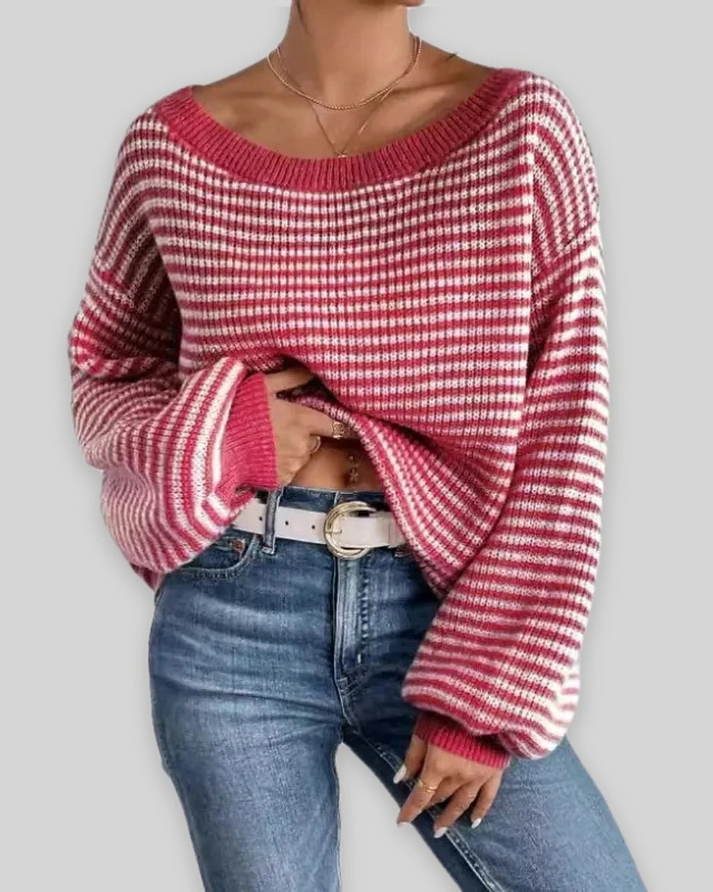 Women's Off Shoulder Jumper, Oversized Striped Waffle Knit Sweater with Voluminous Sleeves – Pippa Belle