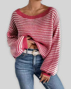 Women's Off Shoulder Jumper, Oversized Striped Waffle Knit Sweater with Voluminous Sleeves – Pippa Belle