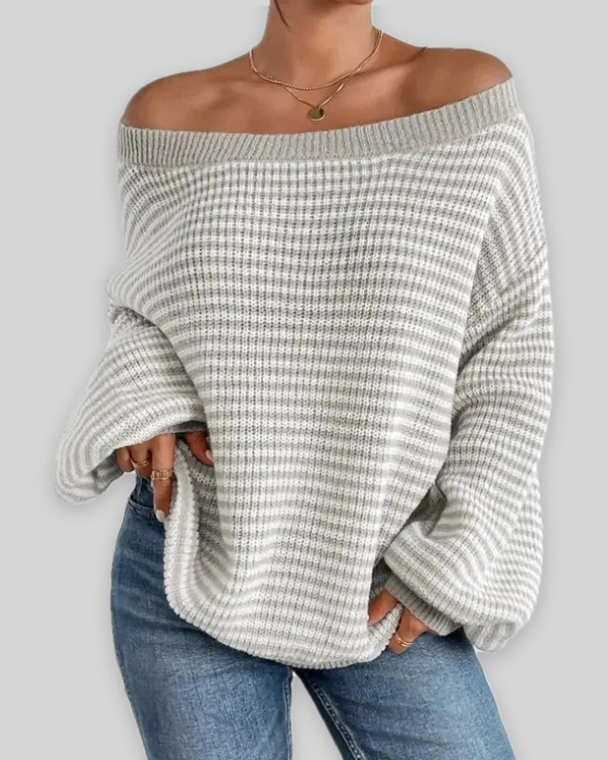 Women's Off Shoulder Jumper, Oversized Striped Waffle Knit Sweater with Voluminous Sleeves – Pippa Belle
