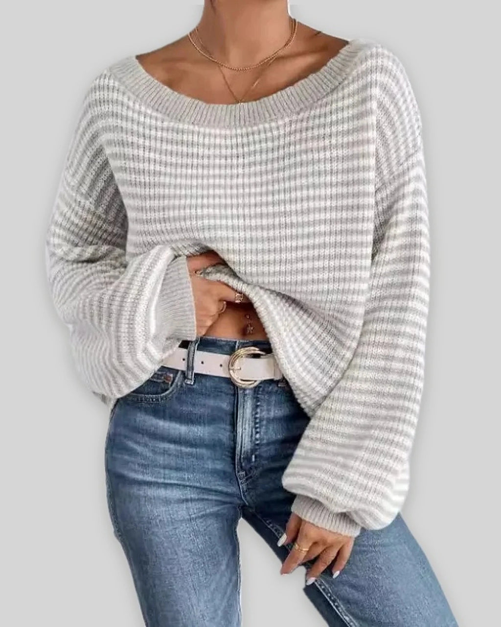 Women's Off Shoulder Jumper, Oversized Striped Waffle Knit Sweater with Voluminous Sleeves – Pippa Belle