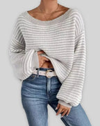 Women's Off Shoulder Jumper, Oversized Striped Waffle Knit Sweater with Voluminous Sleeves – Pippa Belle
