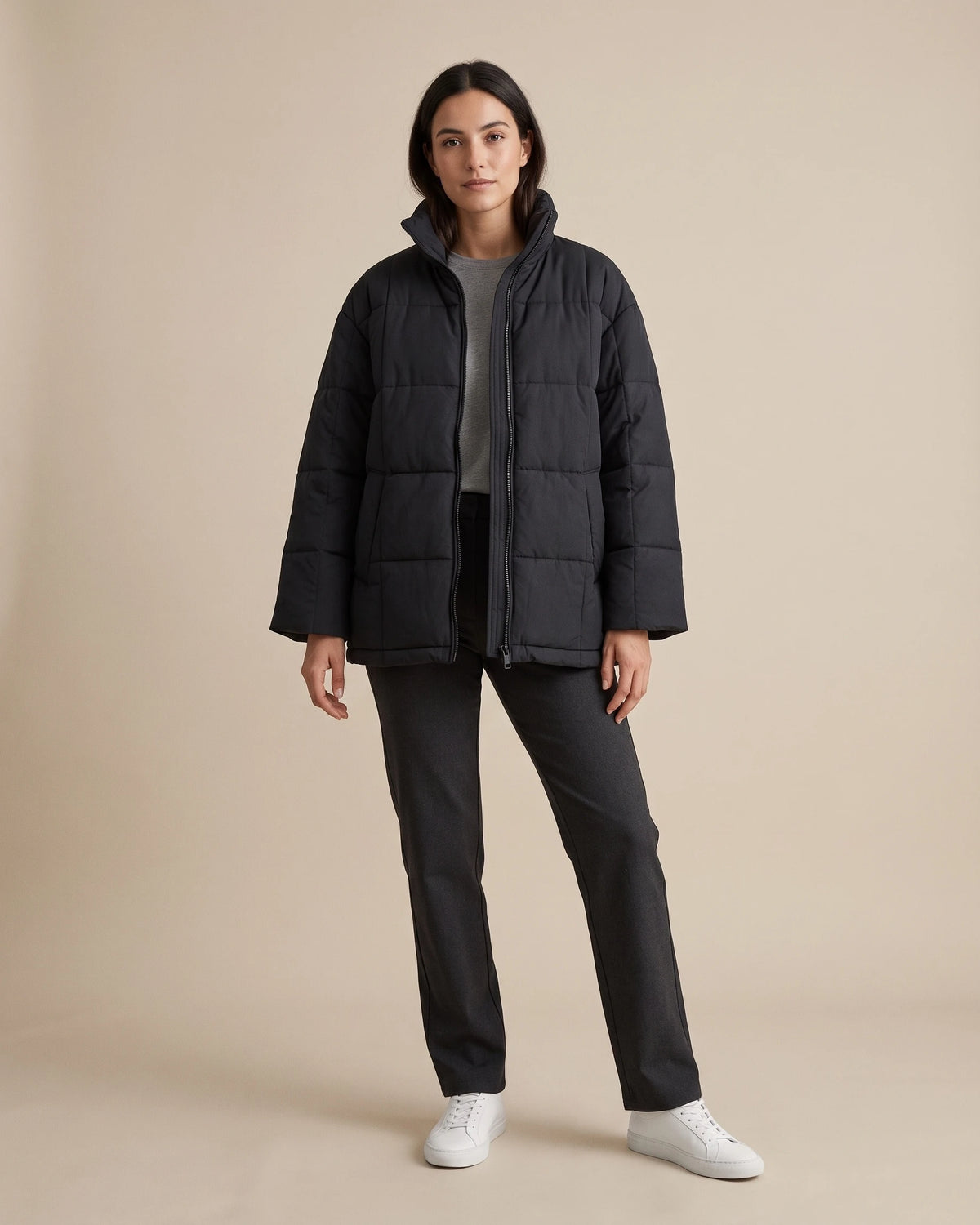 Women's Lightweight Puffer Jacket with Quilted Finish and Stand Collar, Oversized Fit – Rhea