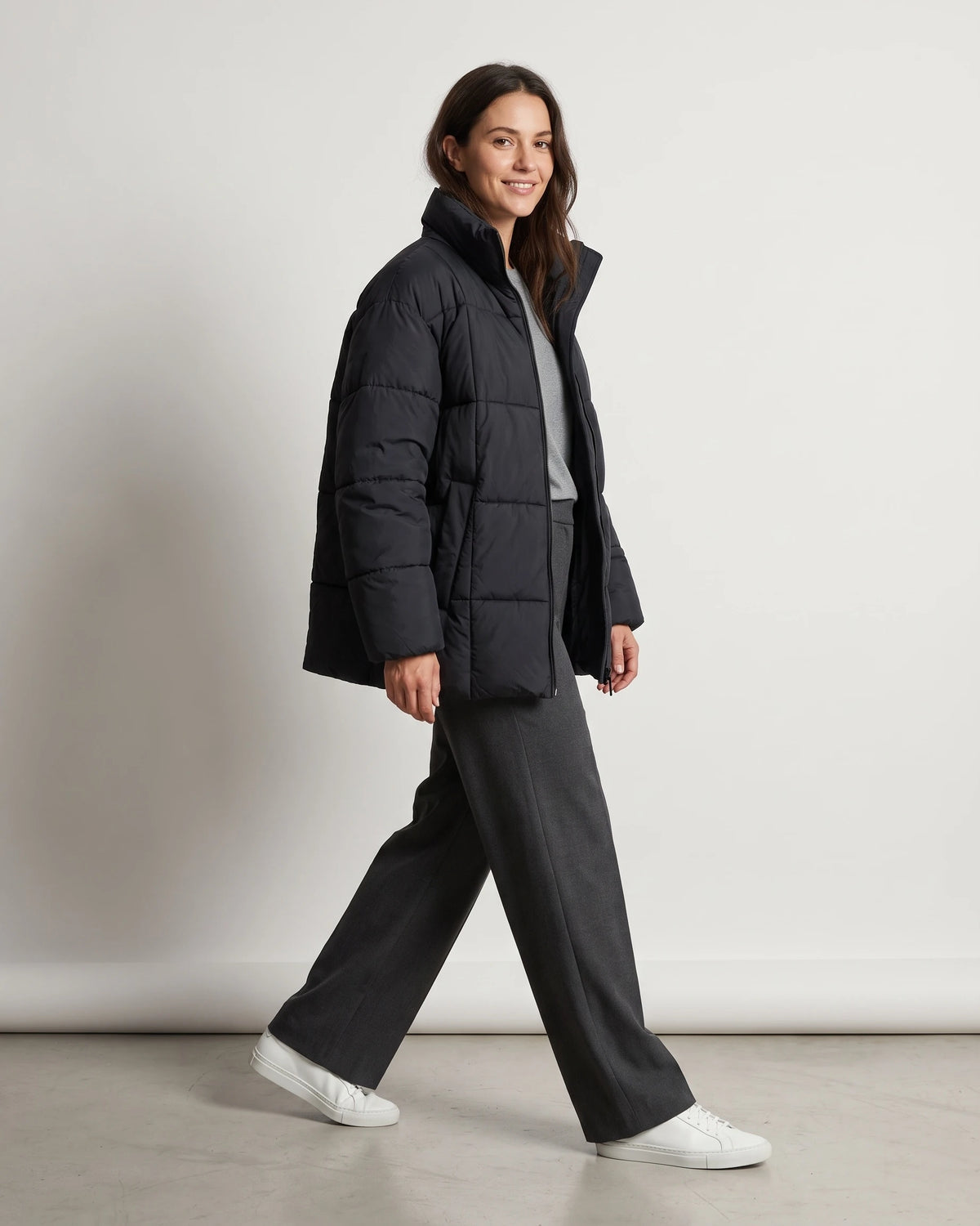 Women's Lightweight Puffer Jacket with Quilted Finish and Stand Collar, Oversized Fit – Rhea