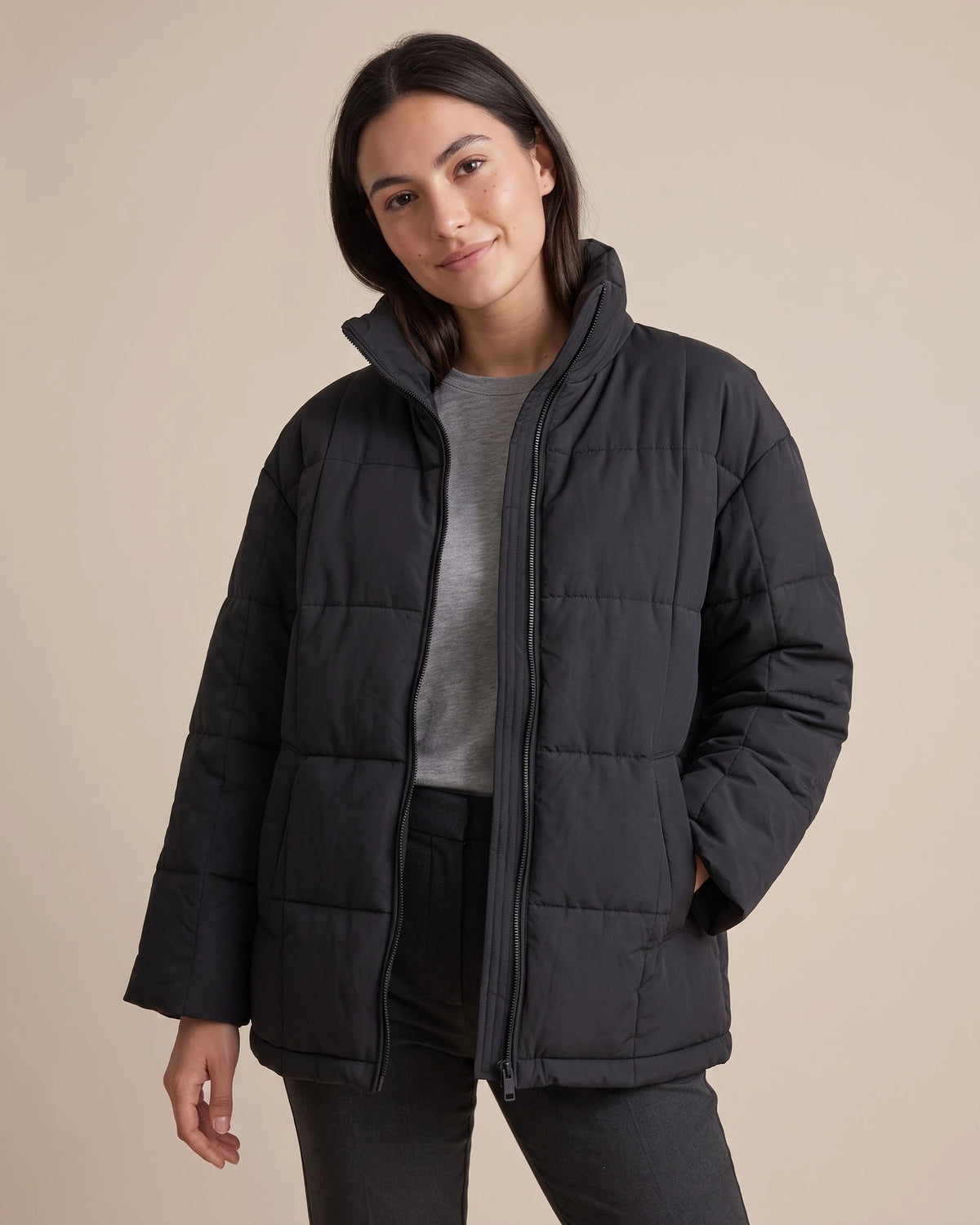 Women's Lightweight Puffer Jacket with Quilted Finish and Stand Collar, Oversized Fit – Rhea