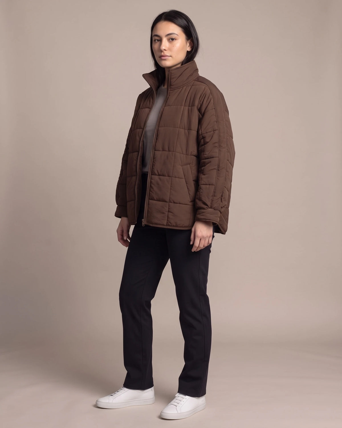Women's Lightweight Puffer Jacket with Quilted Finish and Stand Collar, Oversized Fit – Rhea