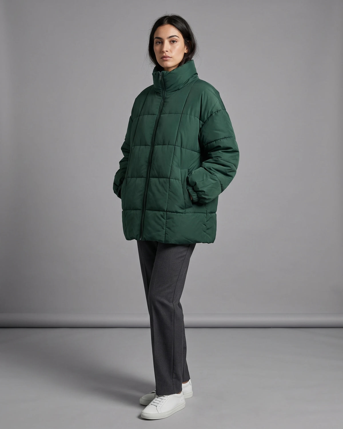 Women's Lightweight Puffer Jacket with Quilted Finish and Stand Collar, Oversized Fit – Rhea