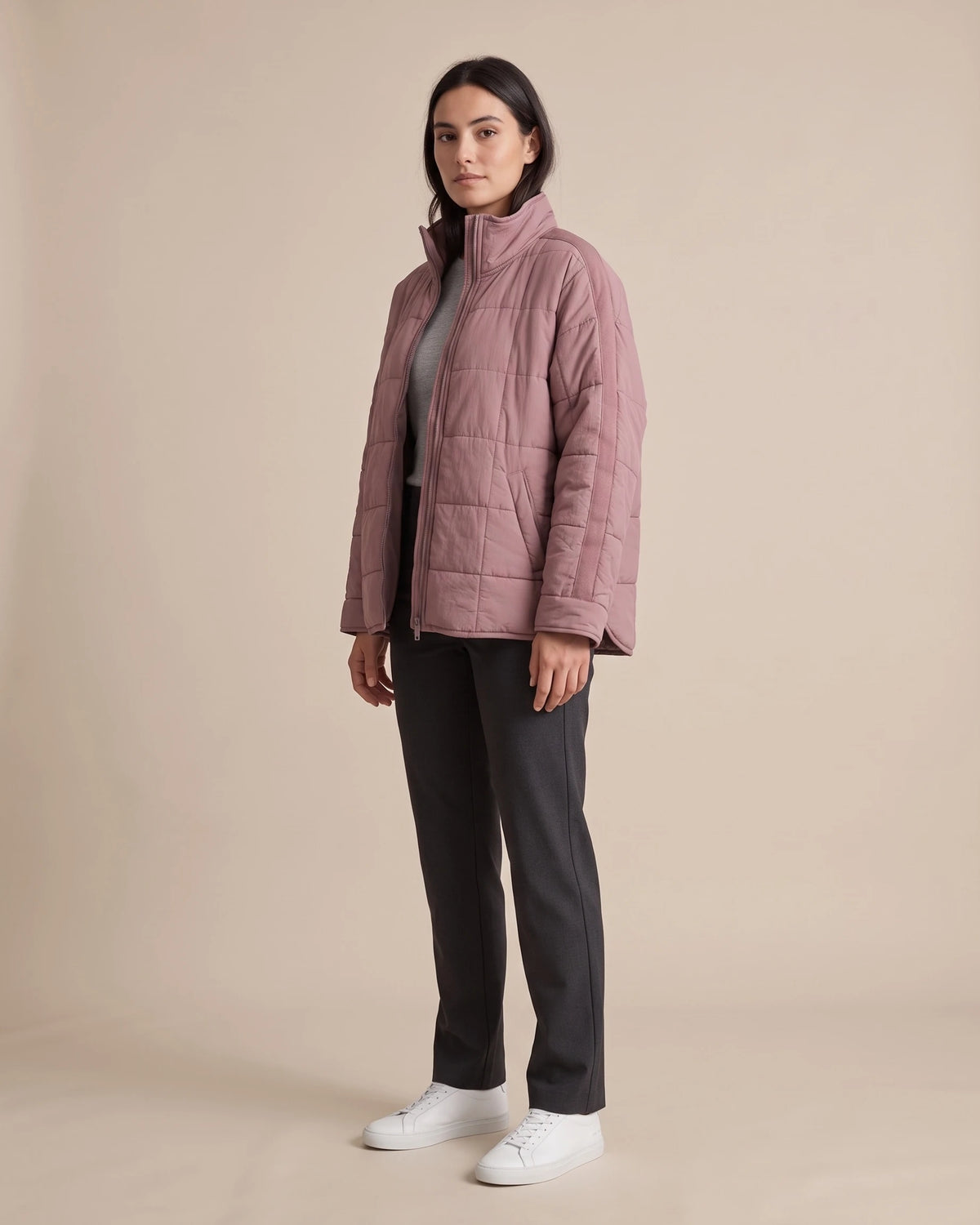 Women's Lightweight Puffer Jacket with Quilted Finish and Stand Collar, Oversized Fit – Rhea