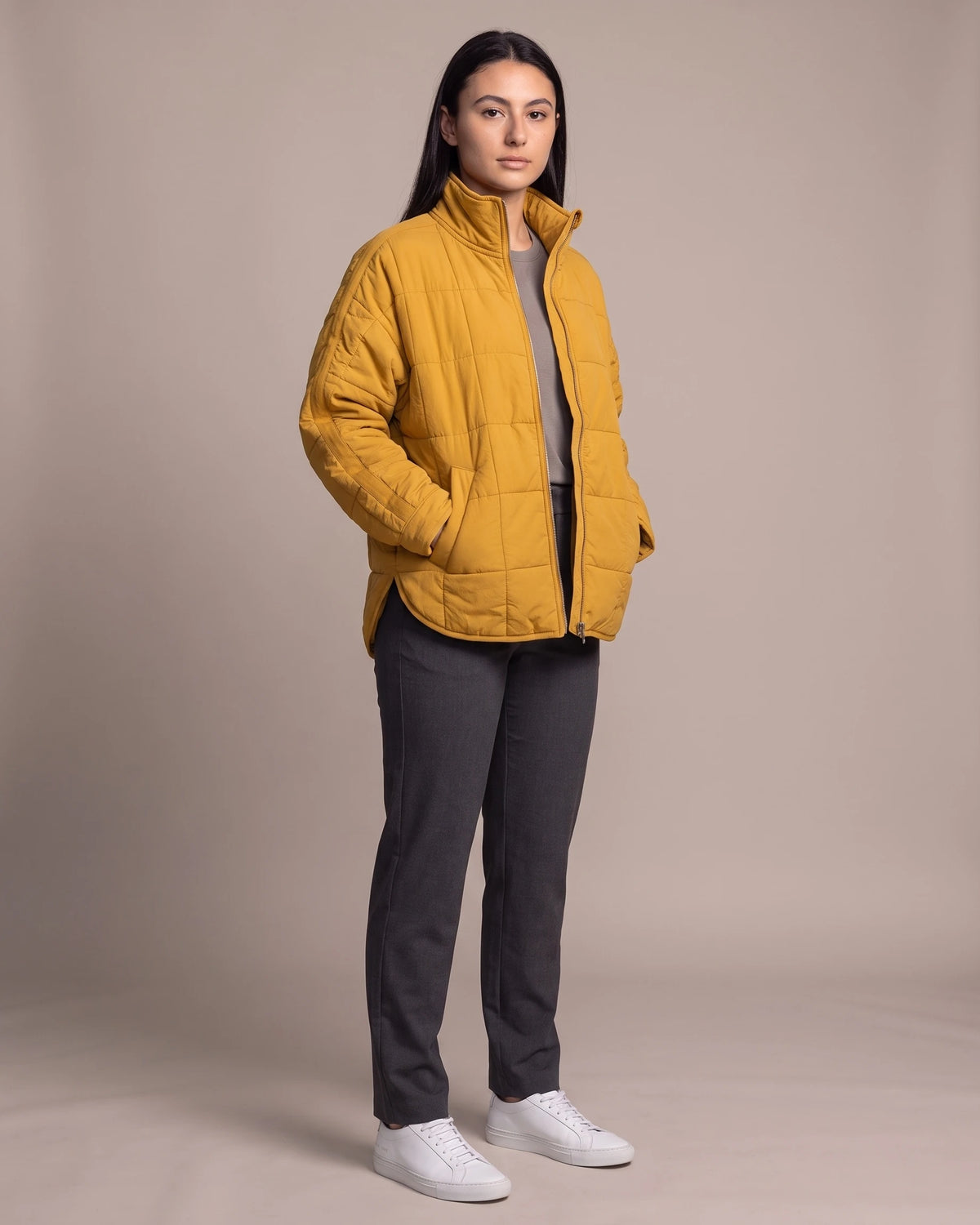 Women's Lightweight Puffer Jacket with Quilted Finish and Stand Collar, Oversized Fit – Rhea