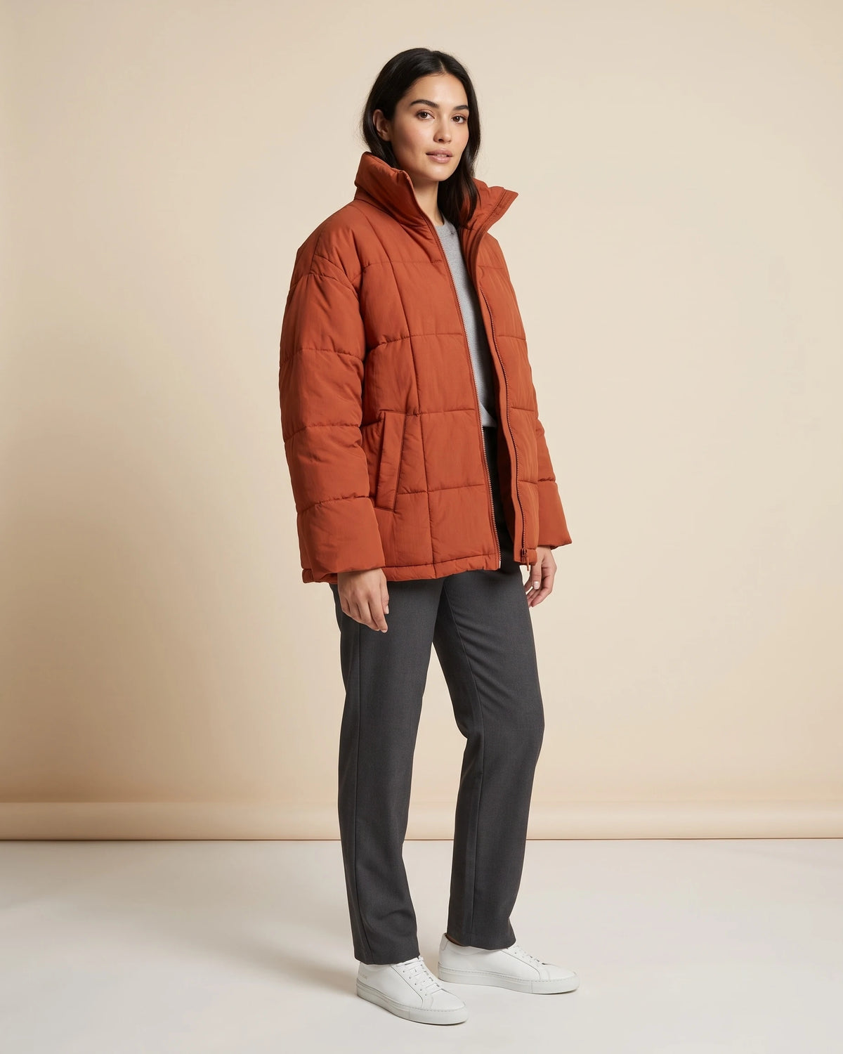 Women's Lightweight Puffer Jacket with Quilted Finish and Stand Collar, Oversized Fit – Rhea