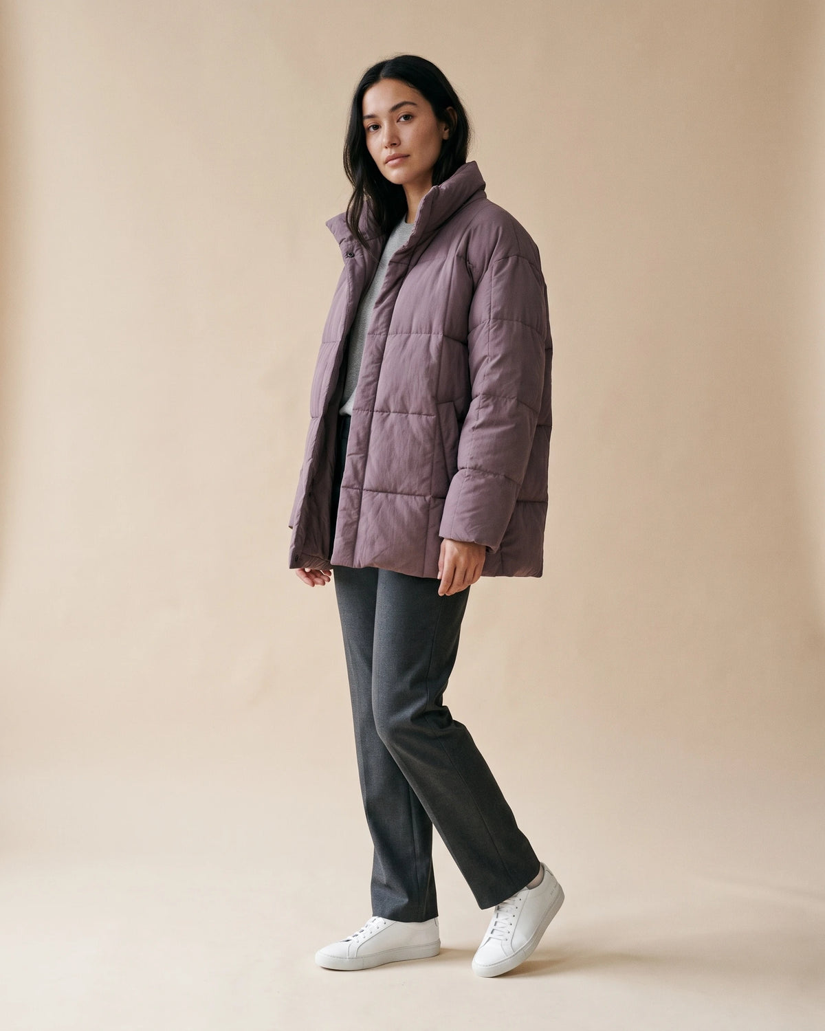 Women's Lightweight Puffer Jacket with Quilted Finish and Stand Collar, Oversized Fit – Rhea