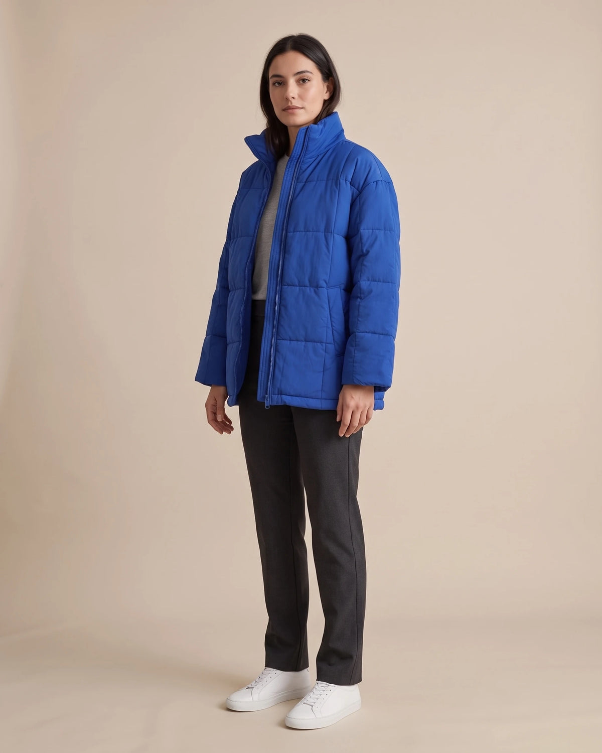 Women's Lightweight Puffer Jacket with Quilted Finish and Stand Collar, Oversized Fit – Rhea