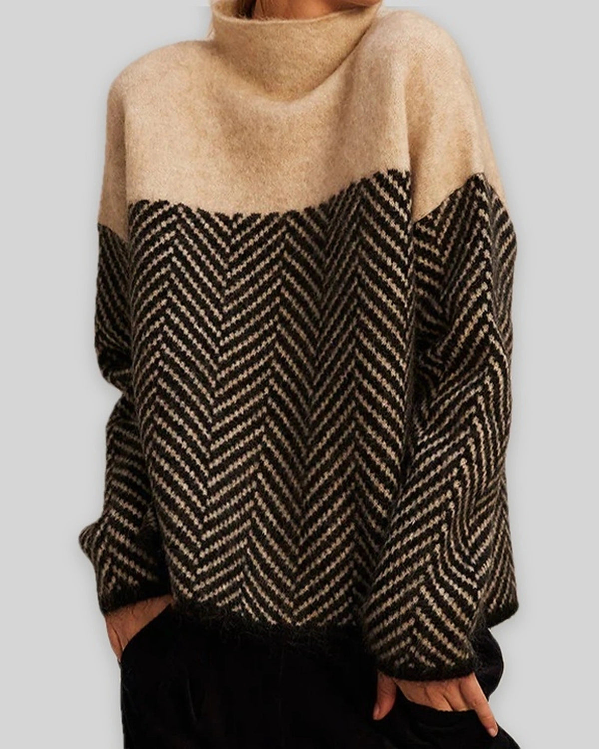 Women's Jumper Oversized Roll Neck with Herringbone Pattern and Colour Block – Beatrix Mae