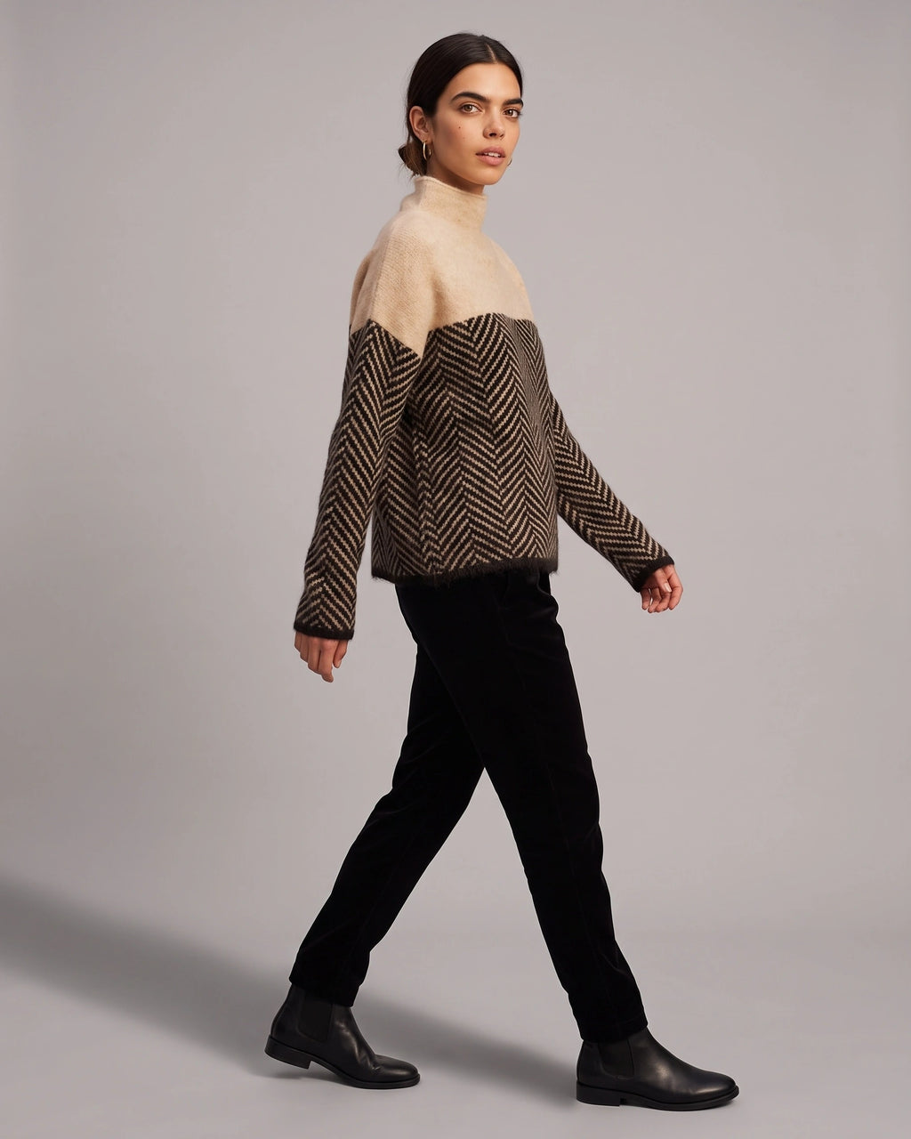 Women's Jumper Oversized Roll Neck with Herringbone Pattern and Colour Block – Beatrix Mae