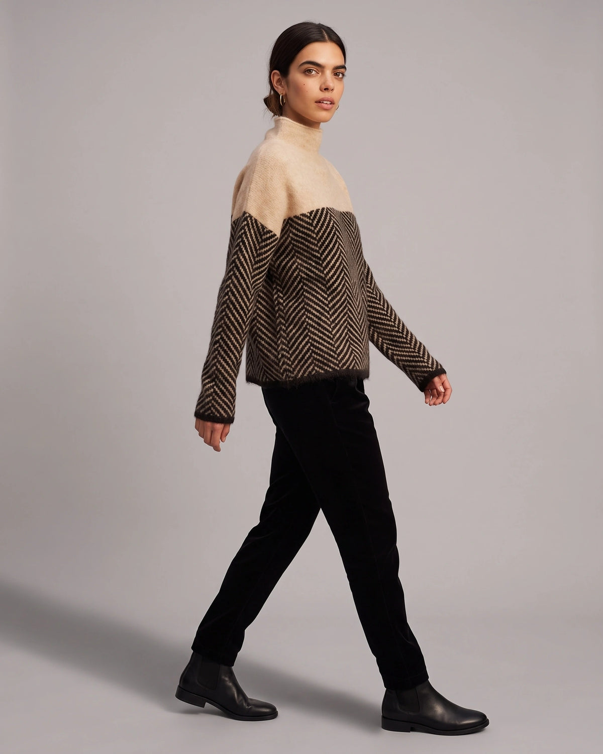 Women's Jumper Oversized Roll Neck with Herringbone Pattern and Colour Block – Beatrix Mae