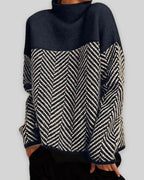 Women's Jumper Oversized Roll Neck with Herringbone Pattern and Colour Block – Beatrix Mae