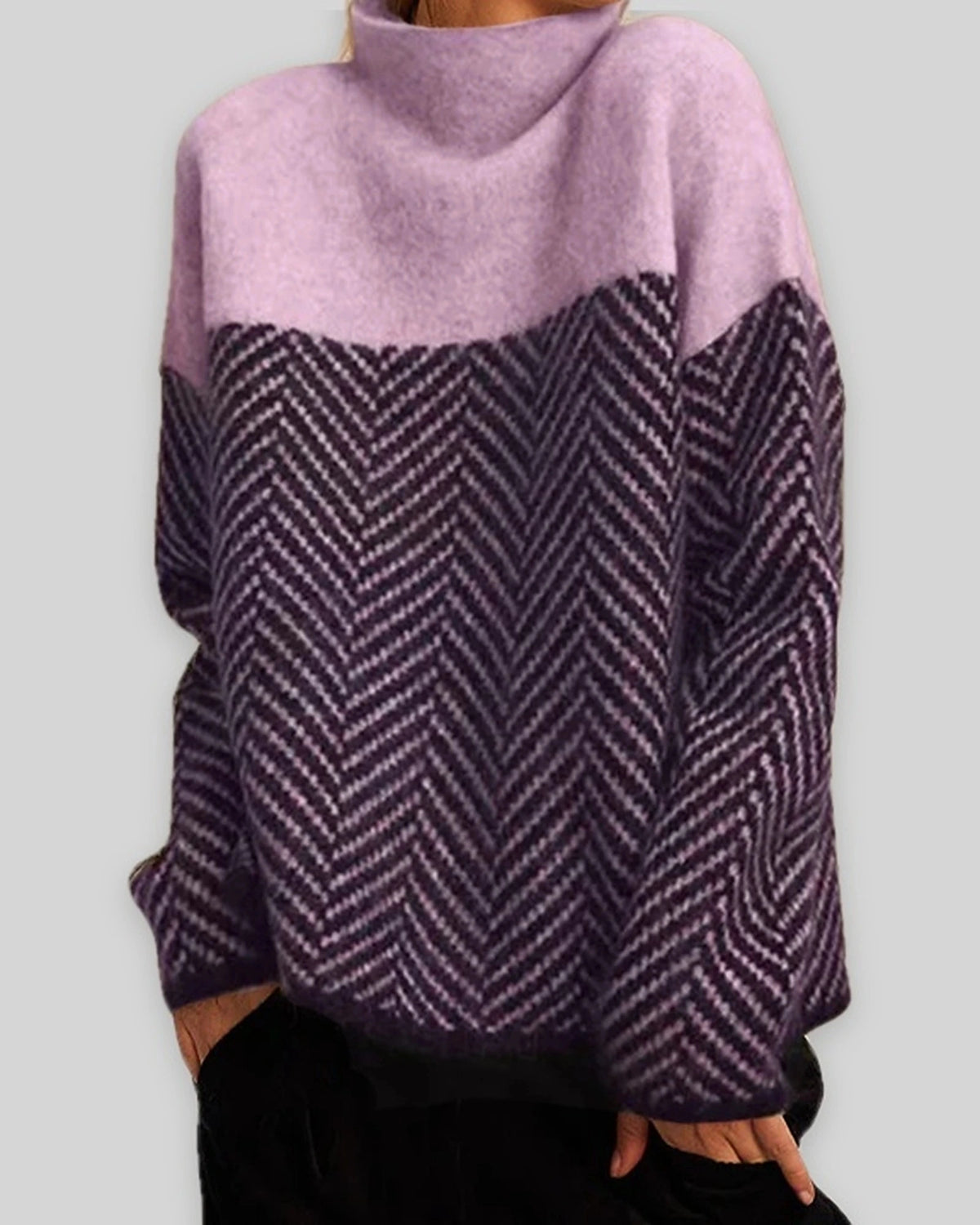 Women's Jumper Oversized Roll Neck with Herringbone Pattern and Colour Block – Beatrix Mae