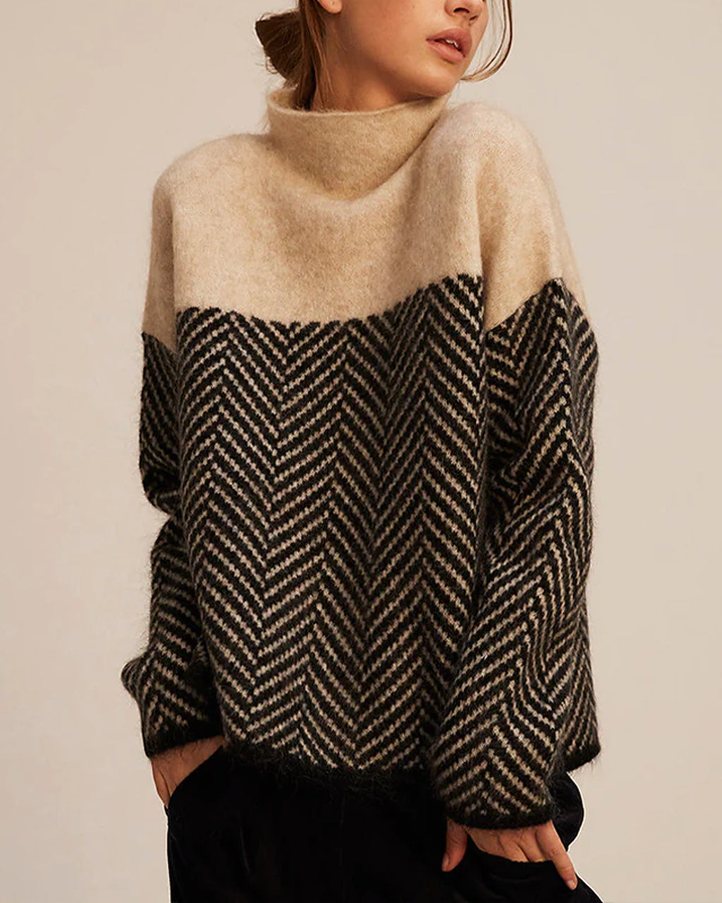 Women's Jumper Oversized Roll Neck with Herringbone Pattern and Colour Block – Beatrix Mae