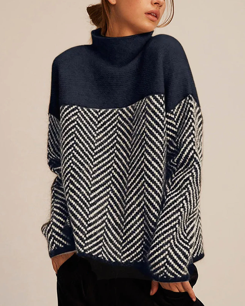 Women's Jumper Oversized Roll Neck with Herringbone Pattern and Colour Block – Beatrix Mae