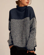 Women's Jumper Oversized Roll Neck with Herringbone Pattern and Colour Block – Beatrix Mae