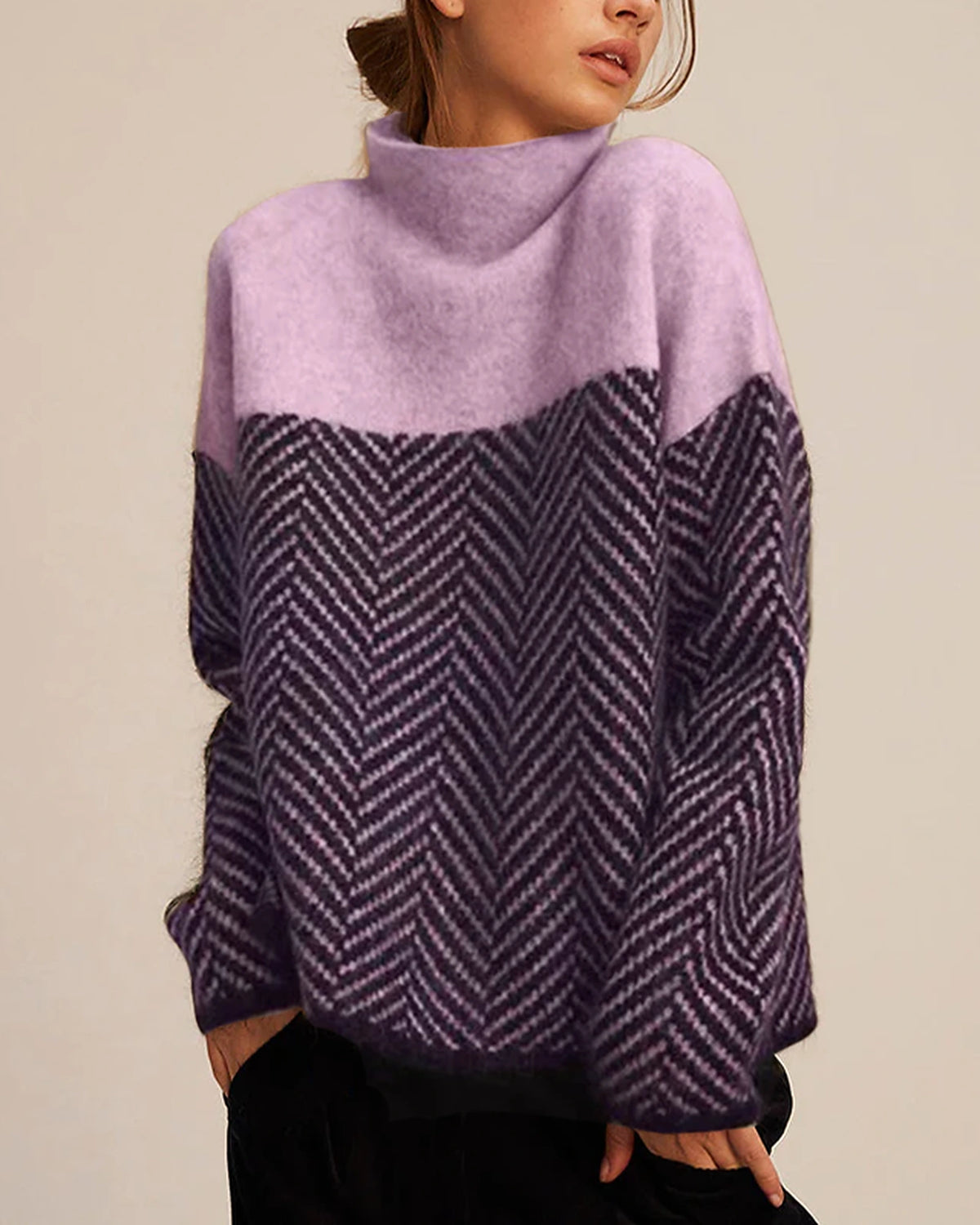 Women's Jumper Oversized Roll Neck with Herringbone Pattern and Colour Block – Beatrix Mae